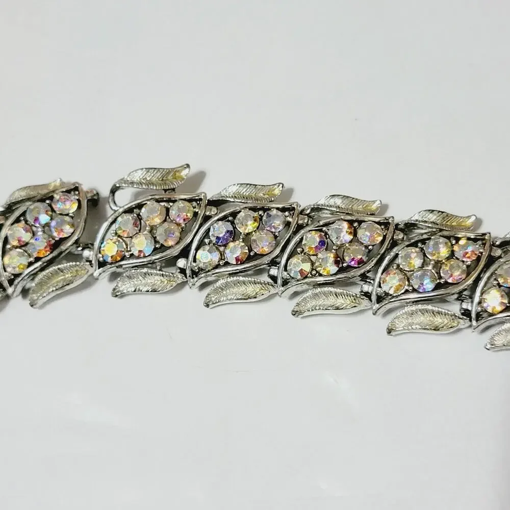 Coro AB Rhinestone Leaf Bracelet Silver Tone Mid Century 7